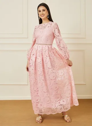 Lace Insert Scallop Hem A-Line Maxi Dress 