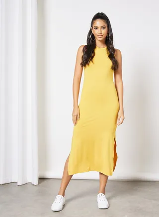Casual Sleeveless Long Evening Maxi Dress With Side Slit 33 Honey 