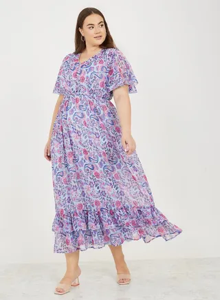 Plus Lurex Paisley Print Ruffle Detail Maxi Dress 
