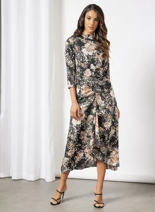 Stand Collar Front Shirring Long Evening Maxi Dress Black 