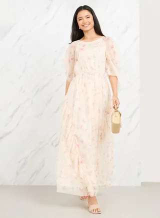 Floral Print Cape Sleeves A-Line Maxi Dress 