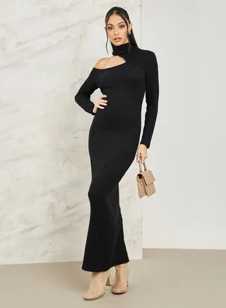 Asymmetric Neck Knit Bodycon Maxi Dress 