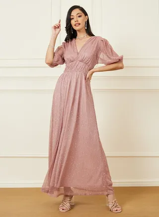 Studded A-Line Maxi Dress with V Neck 