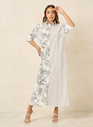 Floral Striped Print 3/4 Sleeve Shirt Maxi Dress 