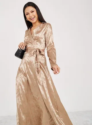 Long Sleeves Jacquard A-Line Maxi Dress with Tie Belt 