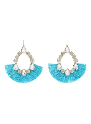 Crystal Studded Tear Drop Tassel Earrings 