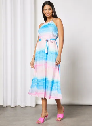 Women's Strap Off Shoulder Long Evening Maxi Dress With Belt Tie dye Pattern Pink/Blue 