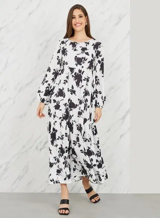 Floral Print Long Sleeves A-Line Maxi Dress 