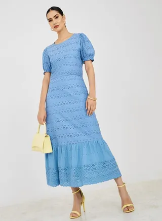 Tie-Up Back Broderie A-Line Midi Dress 