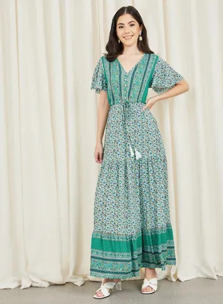 Floral Print Self Tie Up A-Line Maxi Dress