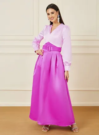 Colorblock Belted A-Line Maxi Dress