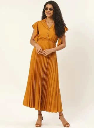 Pleated A-Line Maxi Dress with Frill Sleeves 