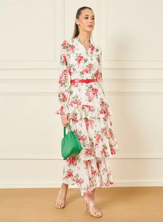 Floral Print Layered Tiered Maxi Dress 