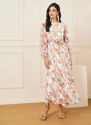 Floral Print High Neck Maxi Dress with Self Tie Up 