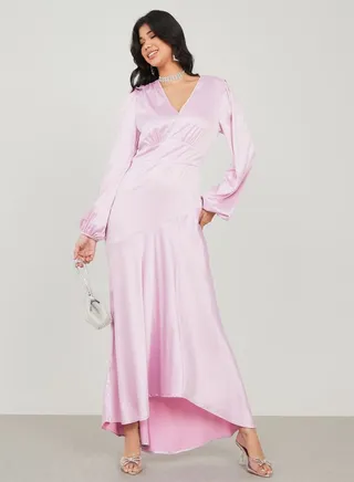 Volume Sleeve High-Low Hem Maxi Dress