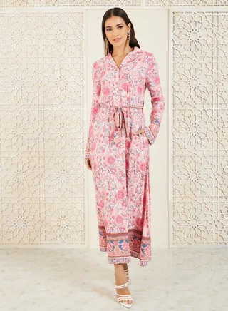 Floral Print Collared A-Line Maxi Dress with Self Tie Up 