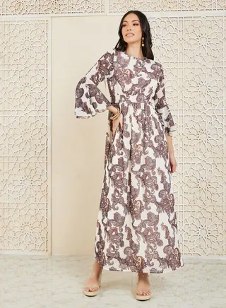 Satin Paisley Print Gathered Detail A-Line Maxi Dress 