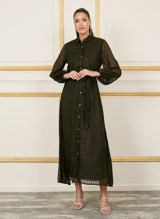 Lurex Striped Self Tie Up Shirt Maxi Dress