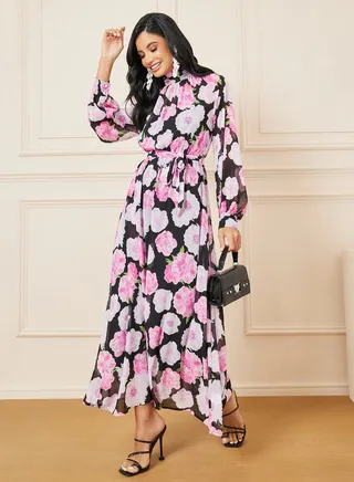 Floral Print High Neck A-Line Maxi Dress with Self Tie Up 