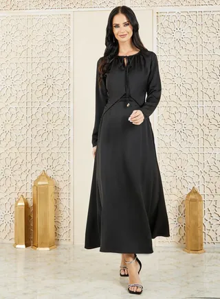 Satin Shiny Lace Trim A-Line Maxi Dress 