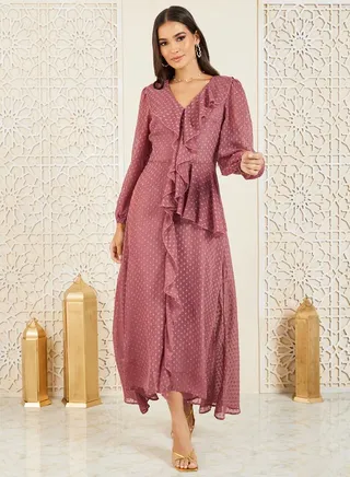 Dobby Ruffle Detail A-Line Maxi Dress