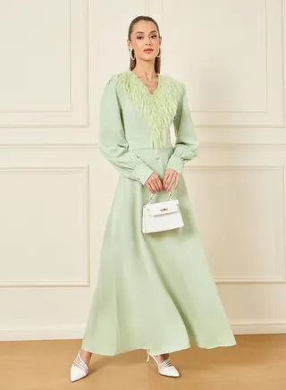 Faux Fur Trim Button Detail Maxi Dress 