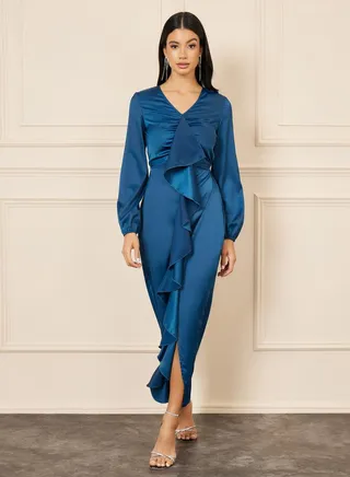 Satin Ruffle Detail Bodycon Maxi Dress 