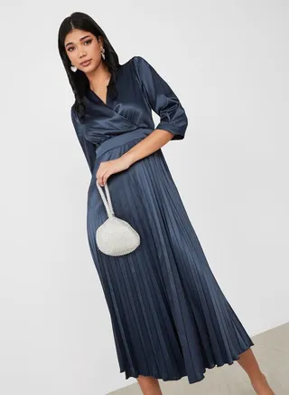3/4 Sleeve Pleated Satin A-Line Midi Dress