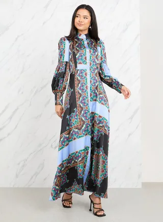 Satin Bohemian Print A-Line Shirt Maxi Dress