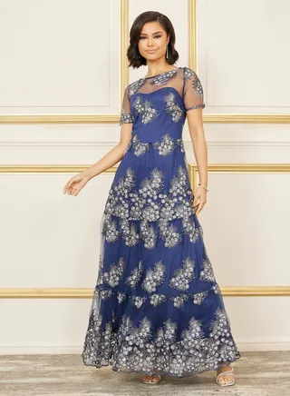 Embroidered Mesh Insert A-Line Maxi Dress 