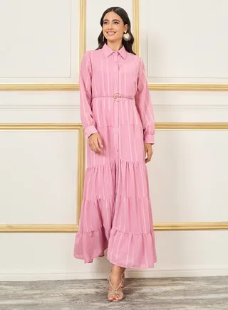Striped Tiered Shirt Maxi Dress with Buckle Self Tie Up