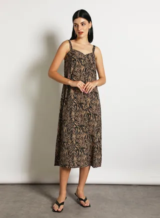 Women'S Casual Midi Sleeveless Allover Printed Long Evening Maxi Dress Black/Brown 