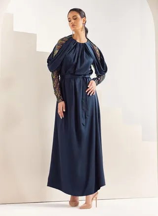 Satin Draped Maxi Dress with Sequin Detail Sleeves