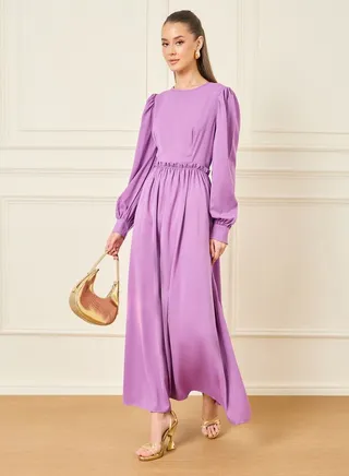 Puff Sleeves Ruffle Detail A-Line Maxi Dress 