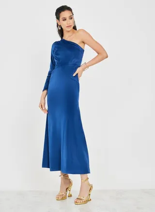 Velvet One Shoulder Sleeve Mermaid Maxi Dress 