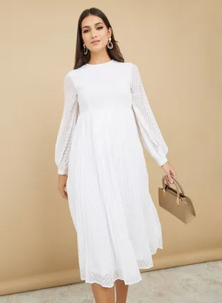 Long Sleeve Self Design A-Line Midi Dress 