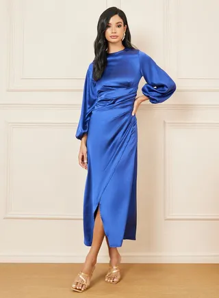Satin Pleated Asymmetric Hem A-line Midi Dress 