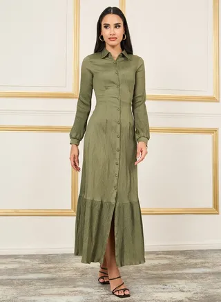 Crepe Contrast Hem Shirt Maxi Dress 