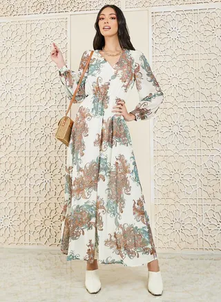 Paisley Print Gathered Detail A-Line Maxi Dress 