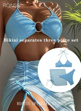 3 Pack Bikini Sets Halter Beachwear Ladies Tankini Swimsuit Hollow Out Beach Skirt Push Up Textured Ring Linked for Swimwear Blue 