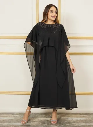 Embellished Cape Sleeves A-Line Maxi Dress