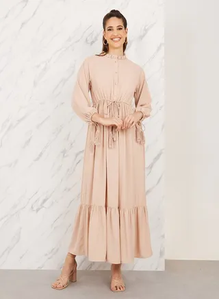 Ruffle Trim High Neck Tie Up Sleeves Elasticated Waist Maxi Dress 