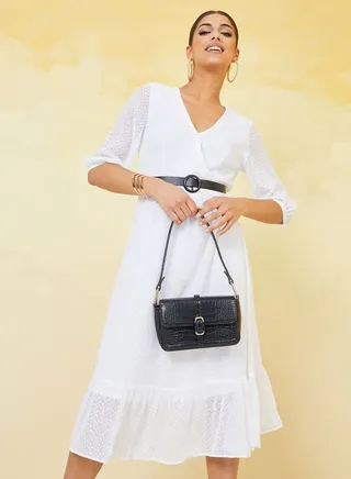 3/4 Sleeve Dobby A-Line Belted Midi Dress 