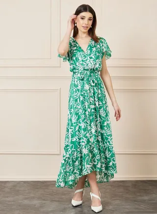 Floral Print A-Line Maxi Dress with Self Tie Up 