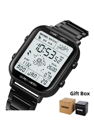 Watches For Men Stainless Steel Multi-Function Water Resistance Digital Watch 3D Pedometer Black Gift Box Included 1888 