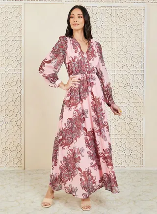 Paisley Print V Neck A-Line Maxi Dress 