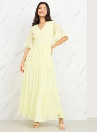 Gathered Detail Sheer Sleeves Tiered Maxi Dress 