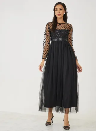 Sequin Embellished Mesh Insert A-Line Maxi Dress 