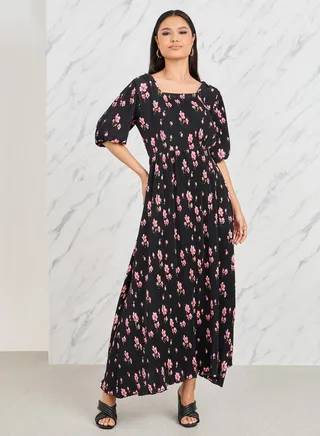 Plisse Floral Print A-Line Maxi Dress 