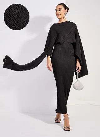 Textured Cape Sleeve Bodycon Maxi Dress with Slit